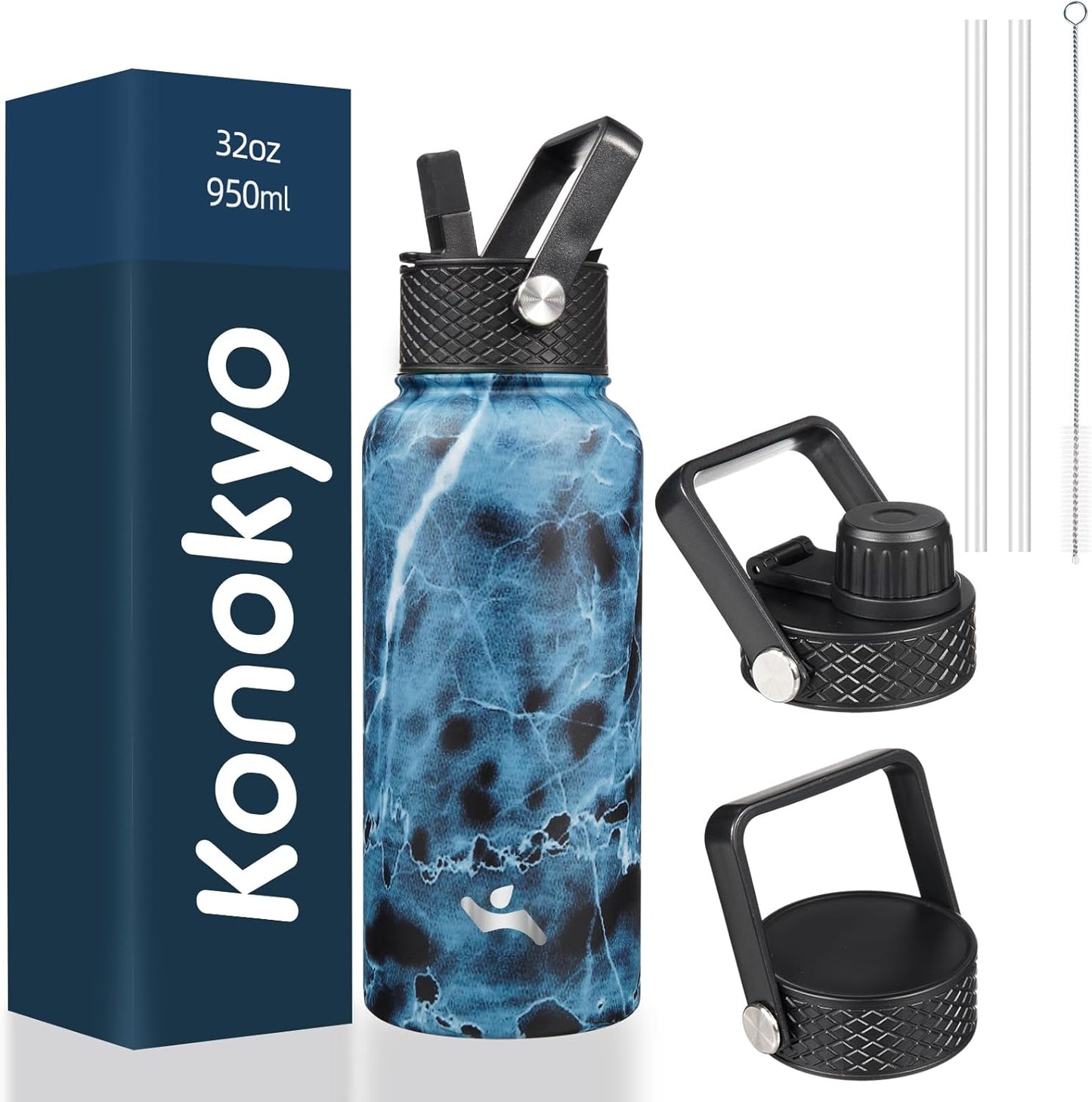 32 oz Insulated Water Bottle Stainless Steel Sport Bottles with 3 Lids,Marble Ocean