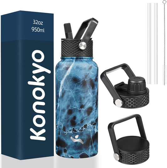 32 oz Insulated Water Bottle Stainless Steel Sport Bottles with 3 Lids,Marble Ocean