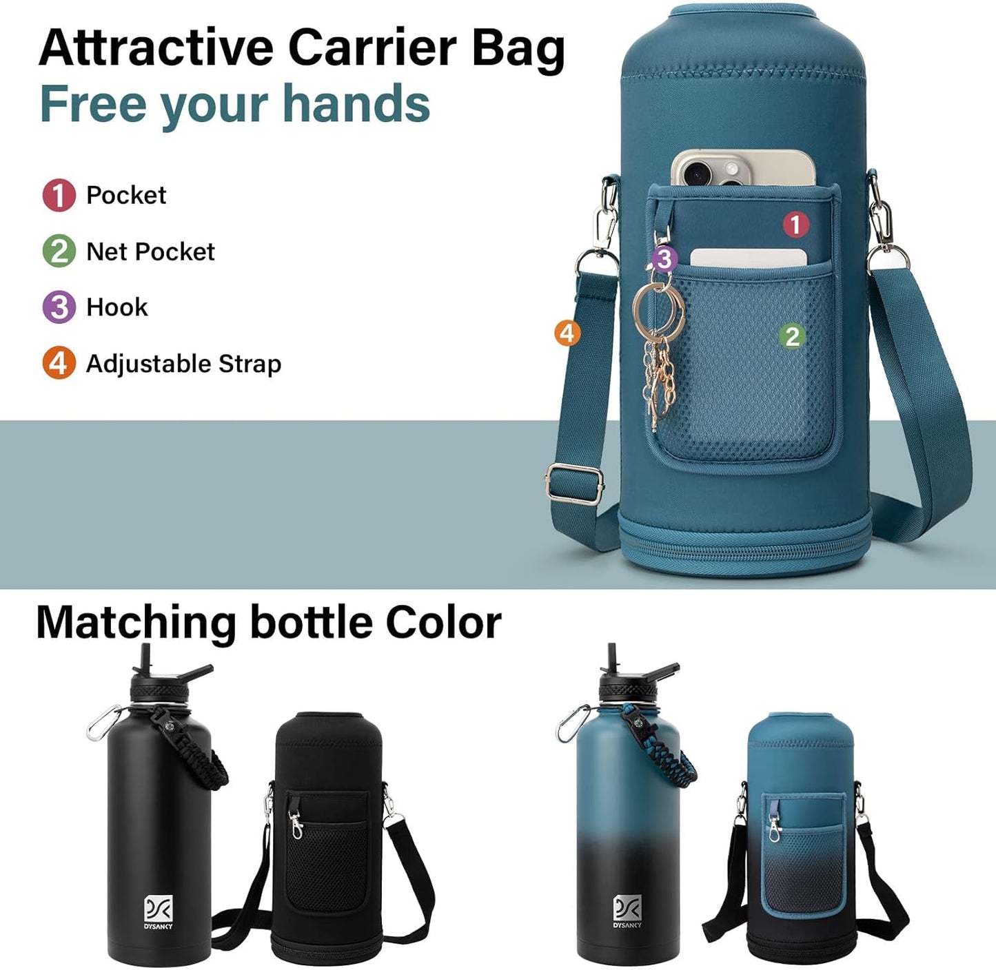 Insulated Water Bottle | Thickened Stainless Steel for Gym and Hiking with Straw, Carrier Bag, Handle Strap | BPA-Free 87 oz