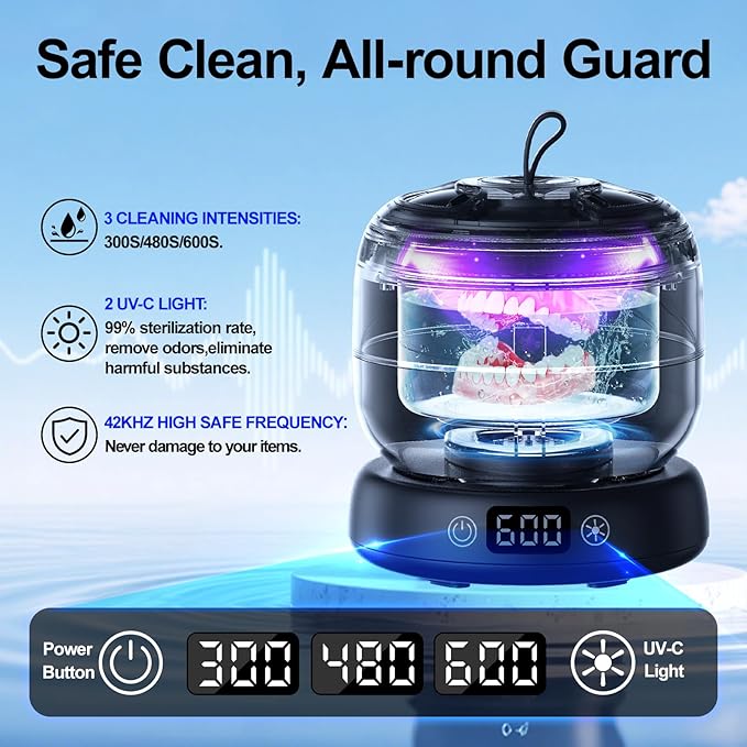 Ultrasonic Retainer Cleaner for Invisalign Portable Waterproof Mouth Guard Cleaner with Timer 3-Mode 180ml Night Guard Cleaner Powerful Cleaning-Best Gift for Braces Users/Christmas