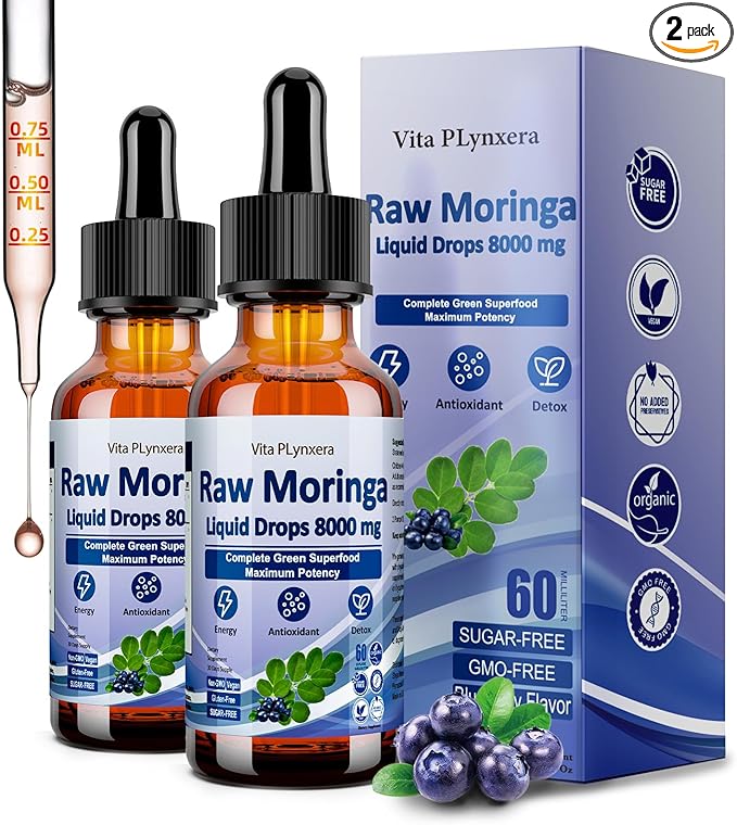 2 Pack Raw Moringa Liquid Drops 8000 mg, Organic Moringa Oleifera Leaf Extract w. Supergreens Wheatgrass, Barley Grass for Antioxidant, Energy & Immune, High Potency Than Capsules Powder