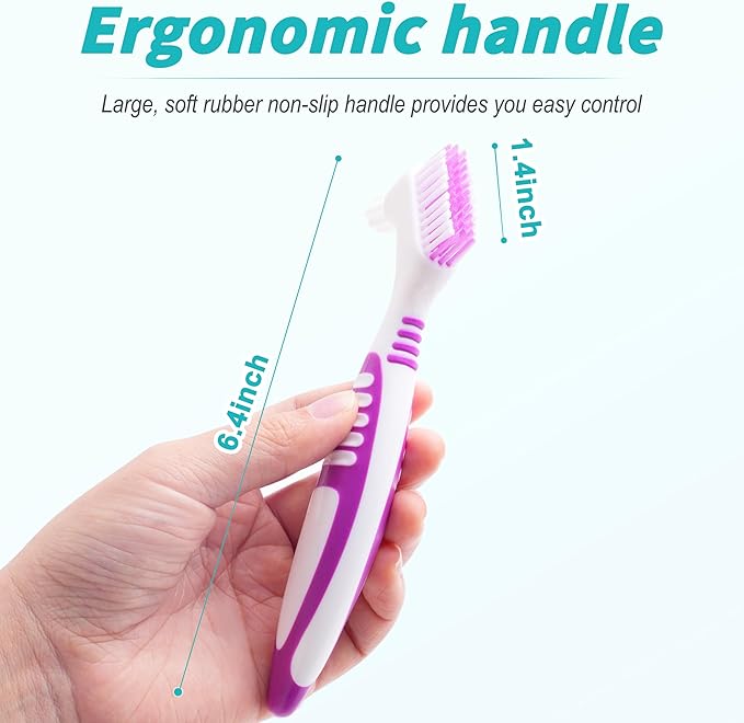 TaShow 6 Pcs Denture Brush Set for False Teeth, Denture Toothbrushes with Double Sided Design, Denture Cleaning Brush with Multi-Layered Soft Bristles and Rubber Anti-Slip Handle, 4 Colors