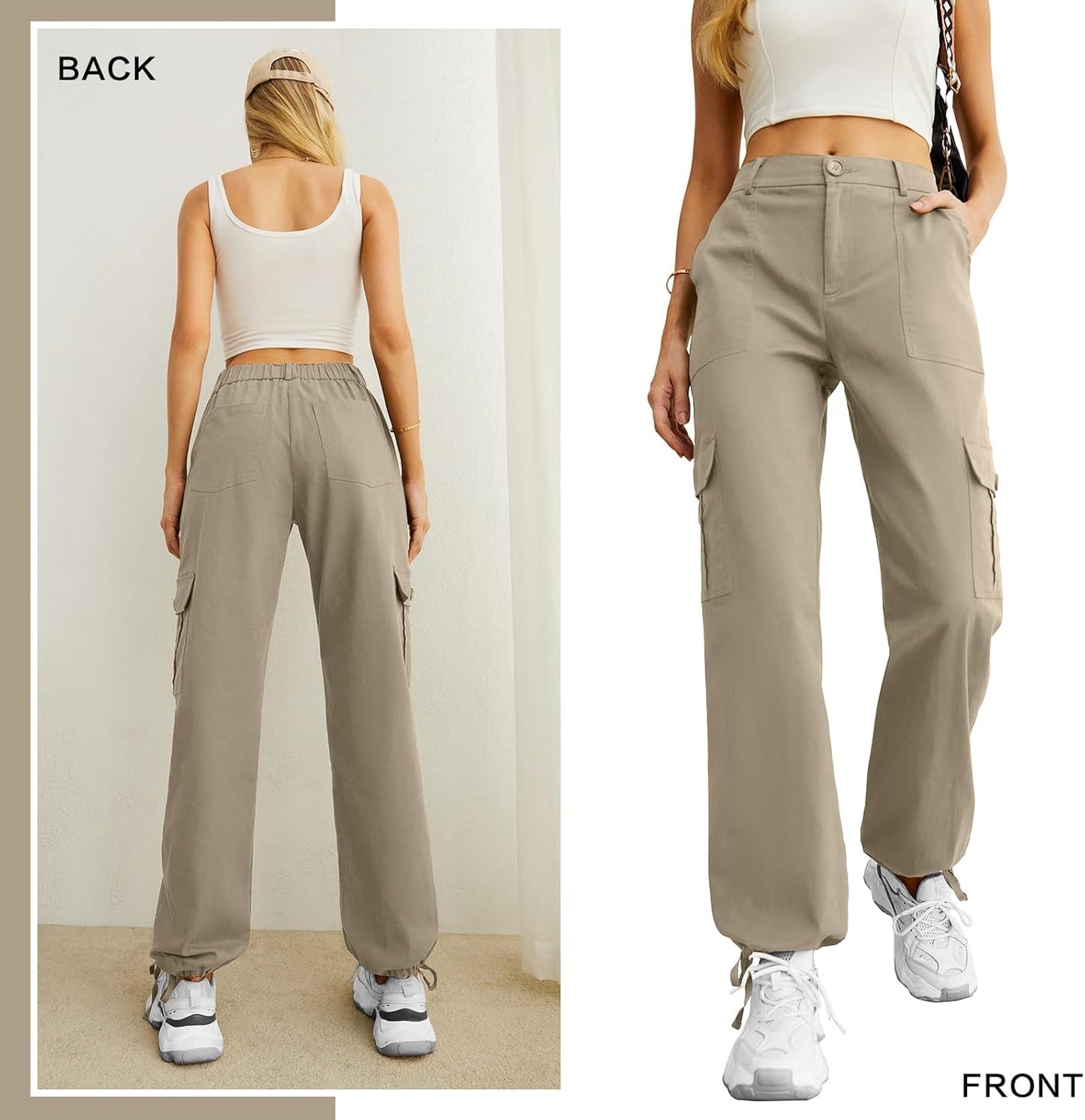 Lepunuo Women's High Waisted Cargo Pants Travel Y2K Streetwear Baggy Stretchy Pants with 6 Pockets Drawstring Ankle Cuffs