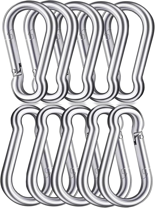 3 Inch Carabiner Spring Snap Hook Steel Clip Link Buckle Heavy Duty 8x80mm 10 Pcs for Outdoor Camping Hiking Hammock Swing, White