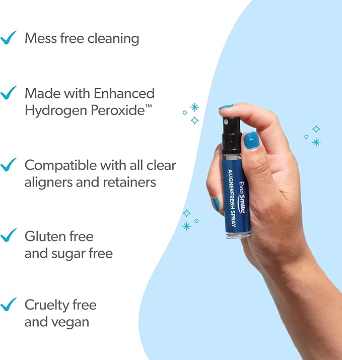 EverSmile AlignerFresh Cleaning Spray for Invisalign and All Clear Aligners and Retainers – On-the-Go Cleaning & Teeth Whitening, Kills Bacteria, Fights Bad Breath – Mint Flavor, 10ml (2 Pack)