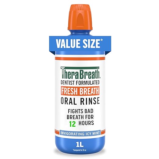 TheraBreath Fresh Breath Oral Rinse, Invigorating ICY Mint Flavor, Dentist Formulated and ADA-Accepted Mouthwash for Bad Breath pH-Balanced, Alcohol Free & Non-Burning, 1 Liter