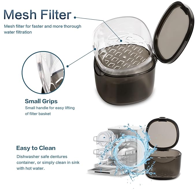 Upgraded Denture Bath Box Cup, No-Leak Denture case,Retainer Cleaning Box, Complete Clean Care for Dentures, Clear Braces, Mouth Guard, Night Guard & Retainers (transparent grey)