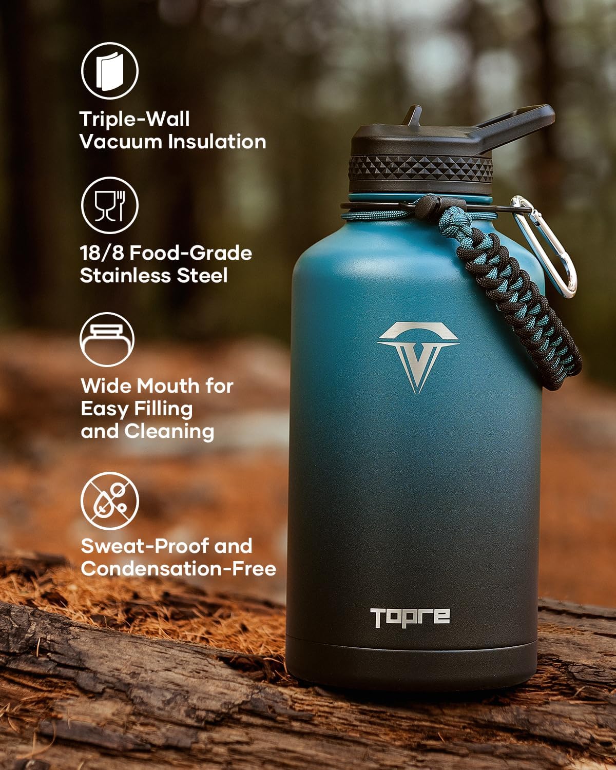 64 oz Insulated Water Bottle,Half Gallon Water Flask Stainless Steel Vacuum, Cold for 48 Hrs,BPA-Free & Leakproof -with Paracord Handle, Strap,Straw Spout Lids,Large Jug for Gym,Indigo Black