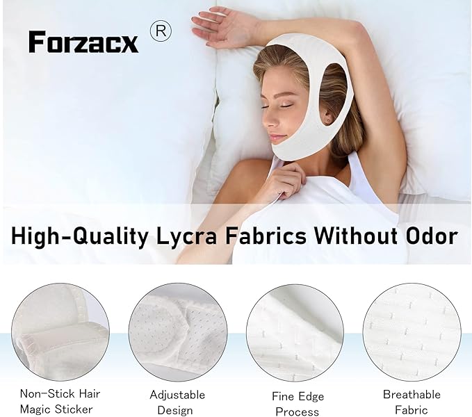 Chin Strap for Cpap Users Anti Snoring Devices - Forzacx Breathable Cpap Chin Strap Snoring Solution, Soft Non-Stick Hair Snore Stopper, Elastic Easy to Wear - White