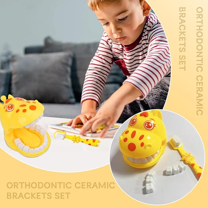 Cartoon Giraffe Early Education Dental Toy Set - Cute Interactive Teeth Model with Toothbrush for Teaching Brushing, Toothbrushing Trainer, Teeth Development Tool for Baby Toddler Kids