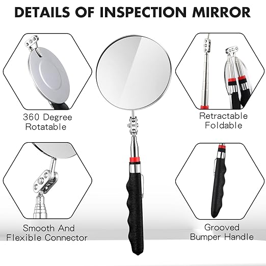 1 Pcs Telescoping Inspection Mirror Mechanics Automotive Tool with Long Handle Extendable Mirror on a Stick for Technicians Mechanics Contractors Checking Observation(Black,85mm Round)