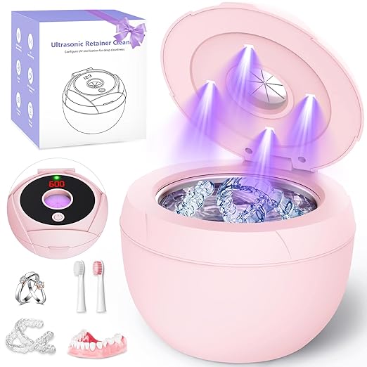 Ultrasonic Retainer Cleaner Machine 45khz Cleaning Pod for Denture Cleaner 200ml Mouth Guard, Aligner, Night Guard, Toothbrush, Jewelry, 4 Cleaning Modes Digital Timer, Gifts for Women, Pink