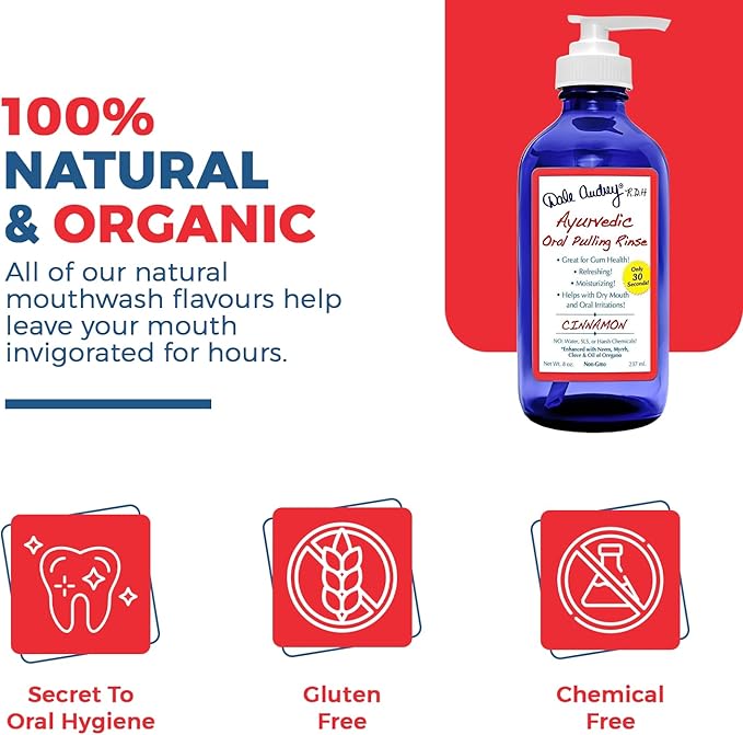 Dale Audrey Ayurvedic Oil Pulling for Teeth and Gums | Organic Cinnamon Flavored Oral Rinse Mouthwash | Natural Essential Oils | Cobalt Glass Bottle Pump for Teeth Whitening and Fresh Breath-8 FL Oz
