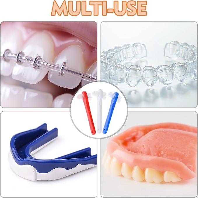 6 Pack Portable Denture Brush, Dual Headed Firm Hard Bristle Denture Toothbrush, Dentures Brushes for Cleaning Dentures, False Teeth, Clear Braces and Mouth Guards