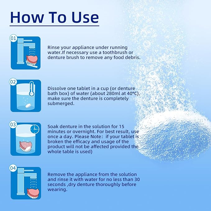 Denture Cleaning Tablets - 120 Retainer Cleaner Tablets, Removes Odors & Stains - For Dentures, Night Guards, Retainers, Aligners & Dental Appliance Cleaner - Mint Flavor - 4 Month Supply