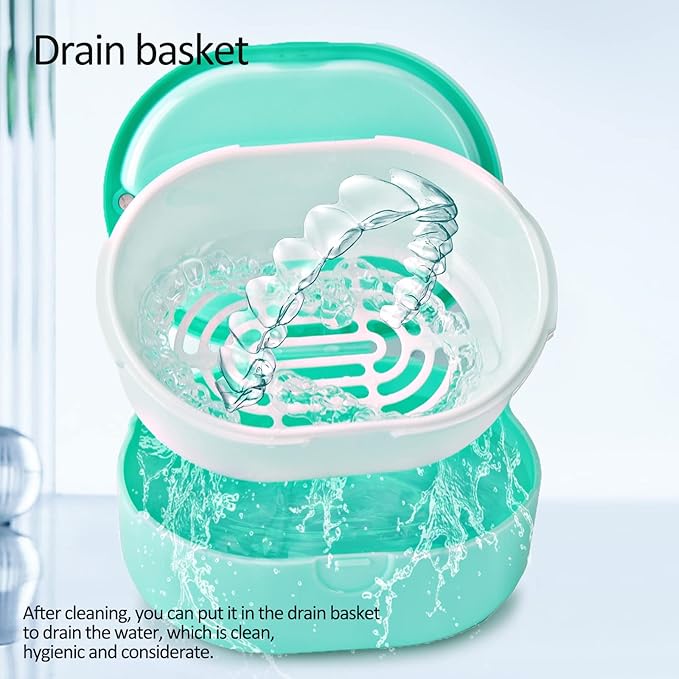 Denture Case, Double Denture Slot Cup Case Wet & Dry Portable Denture Case Portable False Teeth Container, Denture Cup with Lid for Cleaning Household Office Travel (Green)