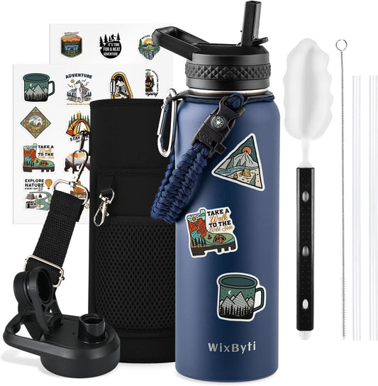 40 oz Insulated Water Bottle with Straw (Cold for 48 Hrs), Stainless Steel Triple Wall Vacuum Sports Water Jug, Leakproof Hydro Cup Flask with Paracord Handle & Straw Spout Lids & DIY Stickers