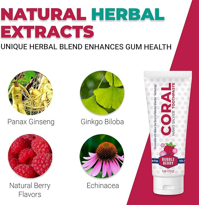 Coral Nano Silver Bubble Berry Kids Toothpaste, Natural Fluoride Free Teeth Whitening Toothpaste, Coral Calcium Nano Silver Infused SLS Free - 4 Ounces (4 Pack)