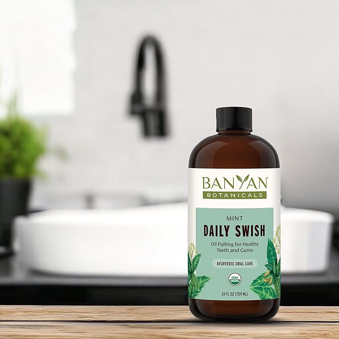 Banyan Botanicals Mint Daily Swish – Organic Ayurvedic Pulling Oil with Coconut Oil – Mouthwash for Fresh Breath and Sparkling Oral Health* – 24 oz – Non GMO Sustainably Sourced Vegan