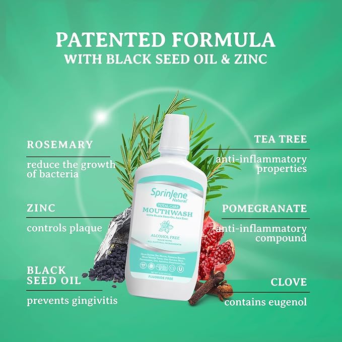 SprinJene Alcohol Free Mouthwash with Xylitol – Fluoride Free Natural Mouthwash for Dry Mouth, Whitening & Fresh Breath – Patented Black Seed Oil & Zinc Formula – Vegan & Made in The USA (1 Pack)