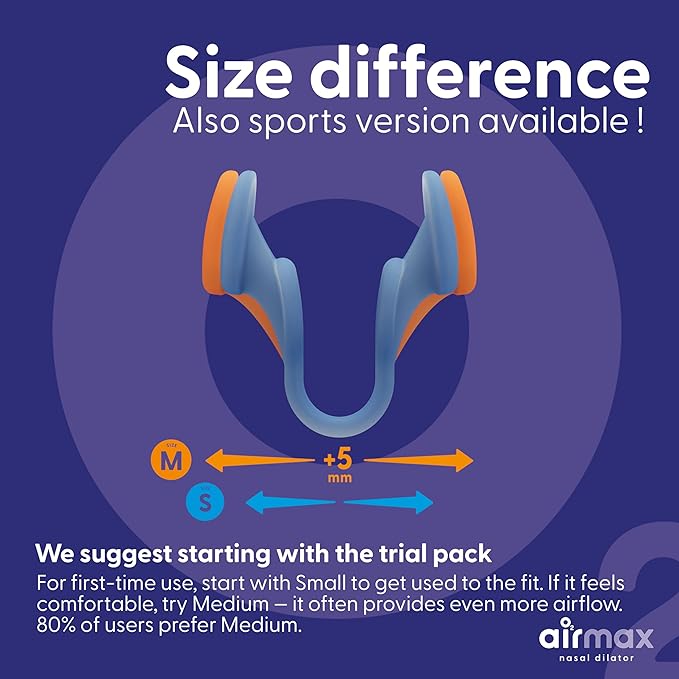 Air Max Nasal Dilators Trial Pack - Anti Snoring Devices - 76% More Airflow for Better Breathing & Against Nasal Congestion - Guaranteed Fit (1x Small & 1x Medium) - Reusable