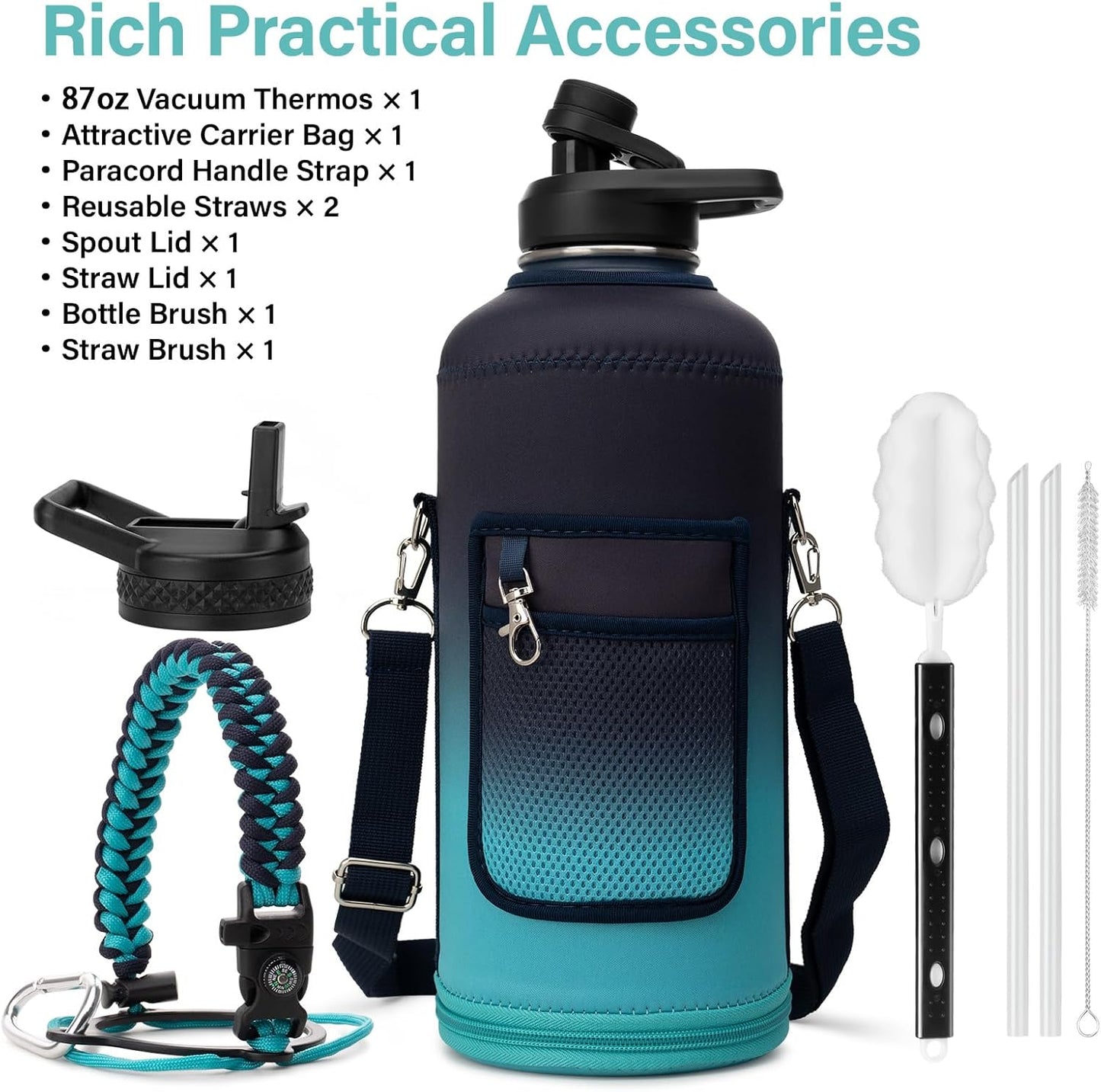 Insulated Water Bottle | Thickened Stainless Steel for Gym and Hiking with Straw, Carrier Bag, Handle Strap | BPA-Free 87 oz