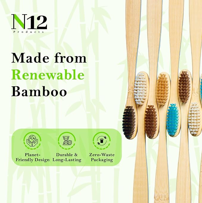 N12 Biodegradable Pack of 10 Bamboo Toothbrushes - Multicolored Charcoal BPA-Free Soft Bristol, Eco-Friendly, Sustainable Reusable Travel Tooth Brush