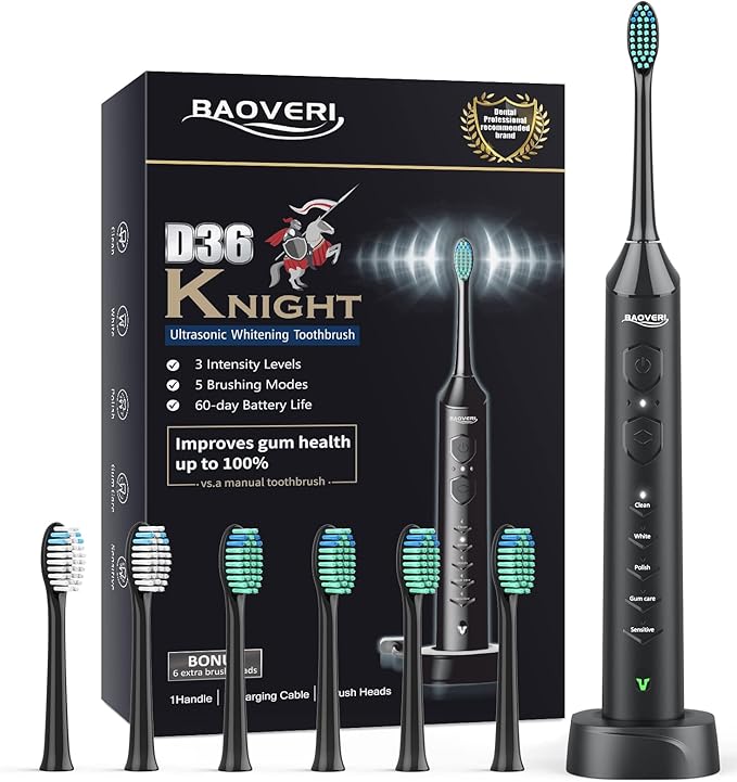 BAOVERI Sonic Electric Toothbrush for Adults - Wireless Rechargeable Toothbrush, 6 Brush Heads - 5 Brushing Modes with 3 Intensities - 42000 VPM Motor - Charge Lasts Up to 60 Days (Midnight Black)