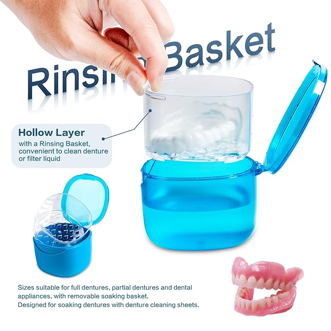 Denture Bath Case, Retainer Cleaning Box,No-Leak Denture Case, Mouth Guard, Night Guard and Retainer (blue)