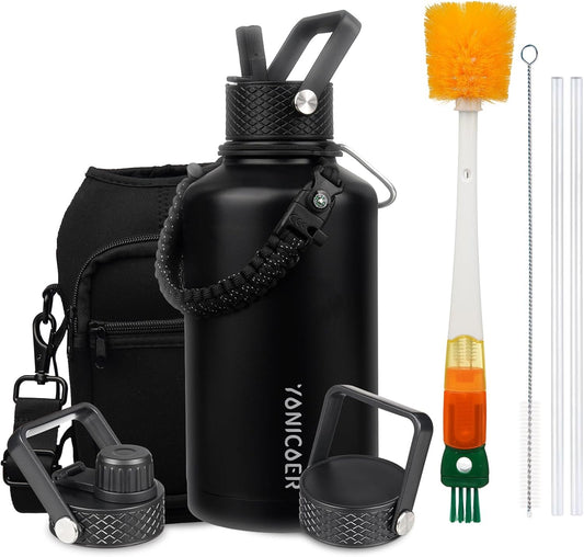 Insulated Water Bottle 64oz,Triple Wall Vacuum Stainless Steel(Dishwasher Safe),Leak Proof & Non-BPA,Flask Jug with Paracord Handle & Straw Spout Lids Sports