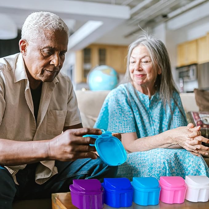 Keedolla 2 Pack Cute Denture Cups Denture Bath Container for Soaking False Teeth, Denture Storage Container Soaking Bath Case with 2 Brush - Blue and White