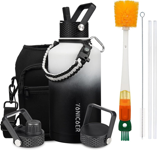 Insulated Water Bottle 64oz,Triple Wall Vacuum Stainless Steel(Dishwasher Safe),Leak Proof & Non-BPA,Flask Jug with Paracord Handle & Straw Spout Lids Sports