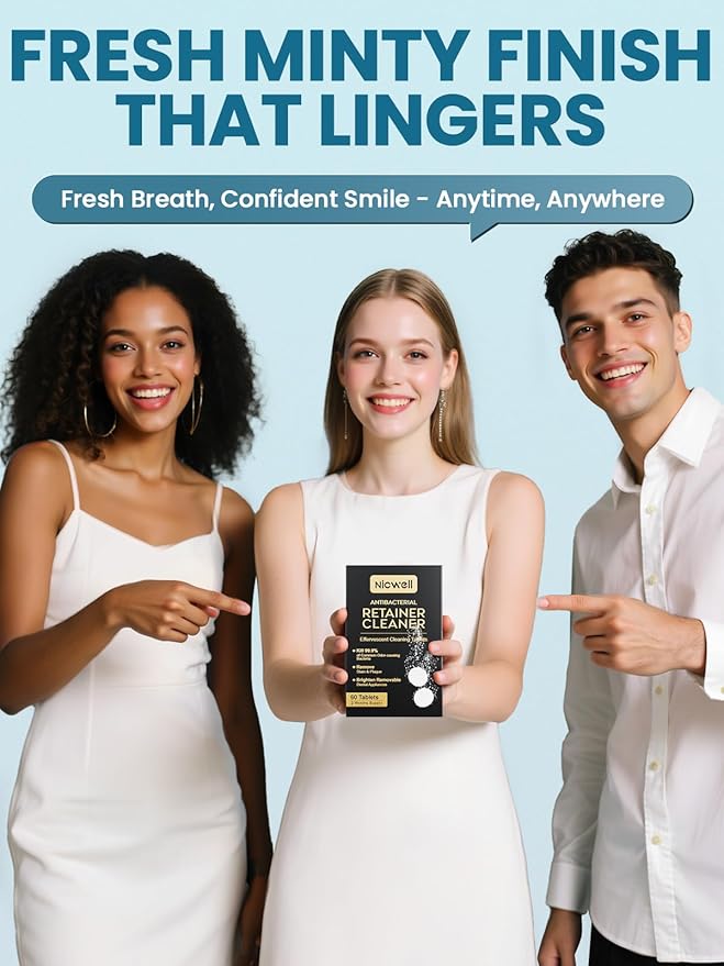 Nicwell Effervescent Retainer Cleaner Tablets: Kills 99.9% Odor-Causing Bacteria on Dentures & Orthodontic Appliances 60pcs Travel Friendly White