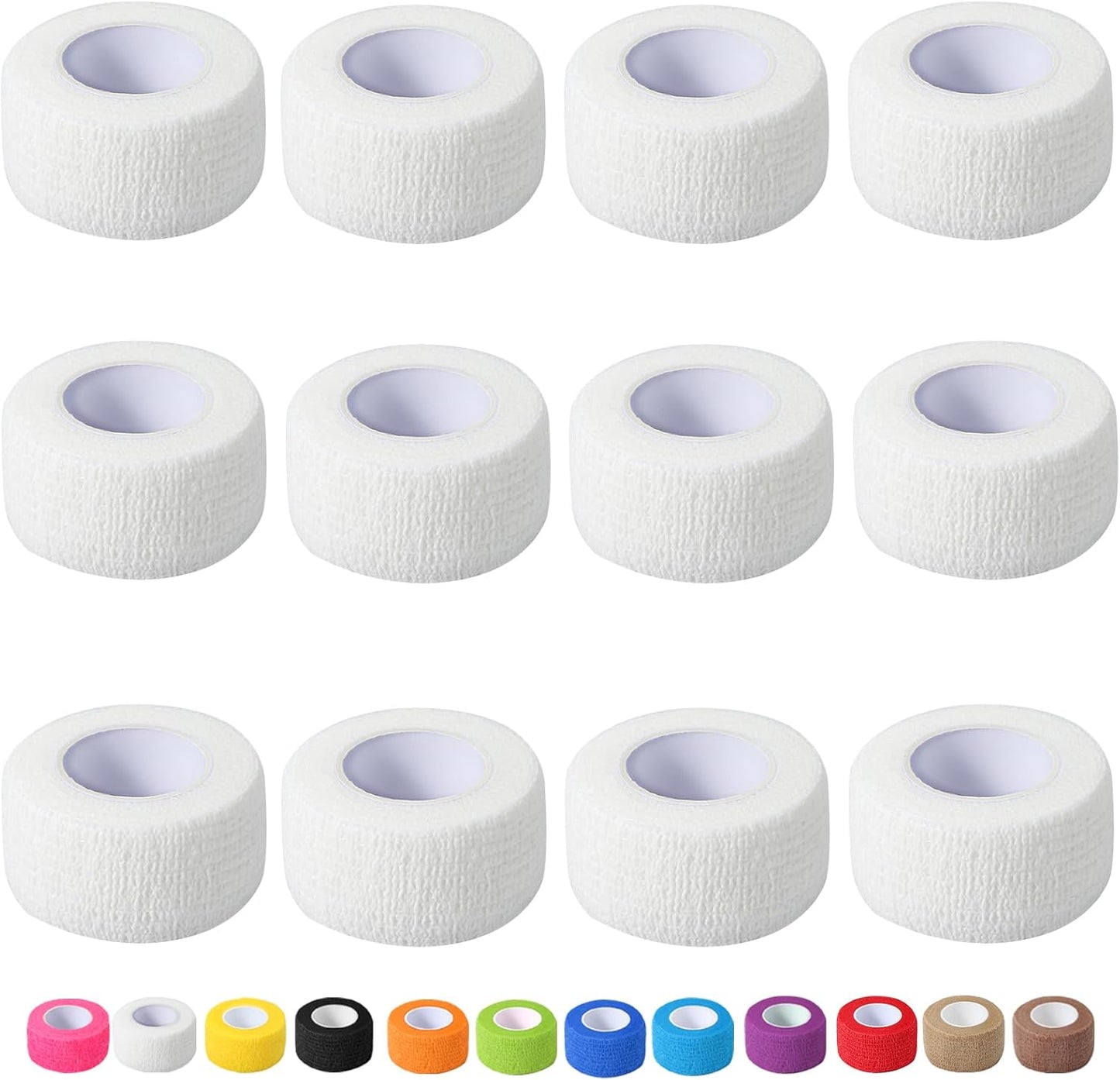12 Pack Self Adhesive Bandage Wrap, 1 in x 5 Yards Non-Woven Self Adherent Cohesive Bandage, Vet Wrap Wound Tape for Thumb Finger Wrist Knee Ankle, White