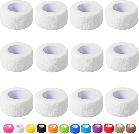 12 Pack Self Adhesive Bandage Wrap, 1 in x 5 Yards Non-Woven Self Adherent Cohesive Bandage, Vet Wrap Wound Tape for Thumb Finger Wrist Knee Ankle, White
