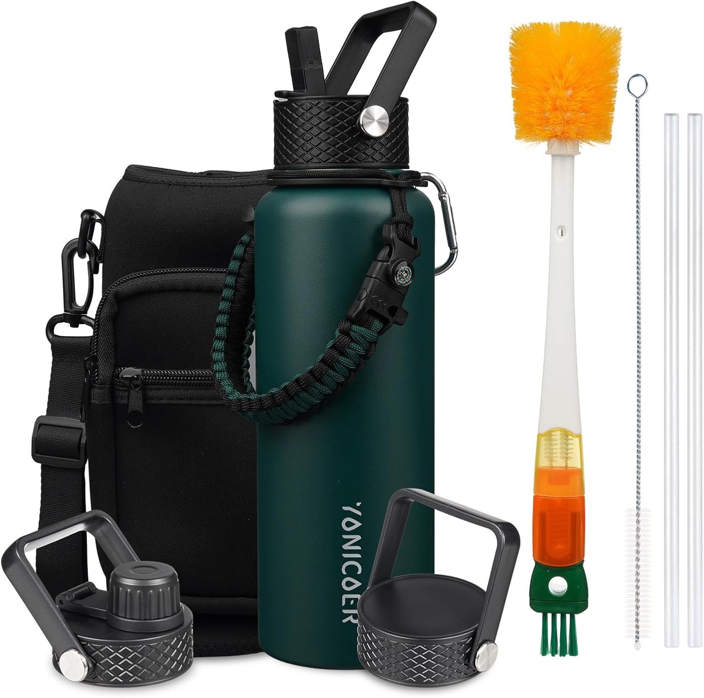 Insulated Water Bottle 64oz,Triple Wall Vacuum Stainless Steel(Dishwasher Safe),Leak Proof & Non-BPA,Flask Jug with Paracord Handle & Straw Spout Lids Sports