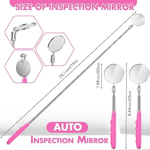 1 Pcs Telescoping Inspection Mirror Mechanics Automotive Tool with Long Handle Extendable Mirror on a Stick for Technicians Mechanics Contractors Checking Observation(Pink,Round)