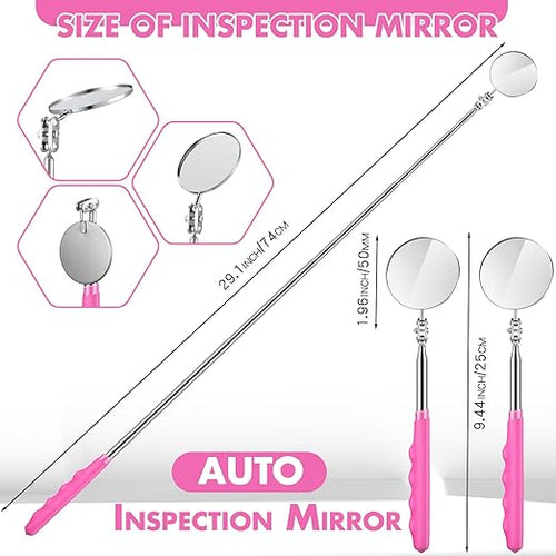 1 Pcs Telescoping Inspection Mirror Mechanics Automotive Tool with Long Handle Extendable Mirror on a Stick for Technicians Mechanics Contractors Checking Observation(Pink,Round)