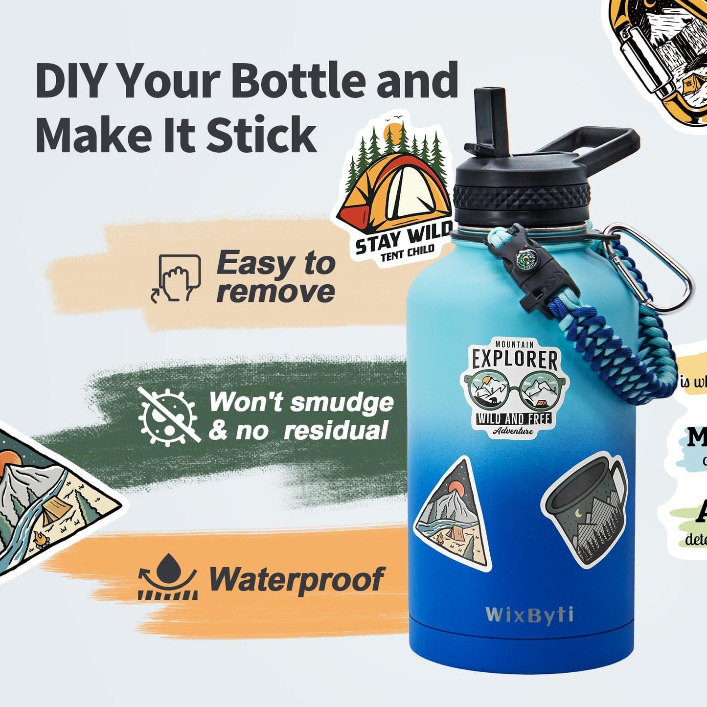 64 oz Insulated Water Bottle with Straw (Cold for 48 Hrs), Half Gallon Stainless Steel Triple Wall Vacuum Sports Water Jug, Leakproof Hydro Cup Flask with Straw Spout Lids & DIY Stickers