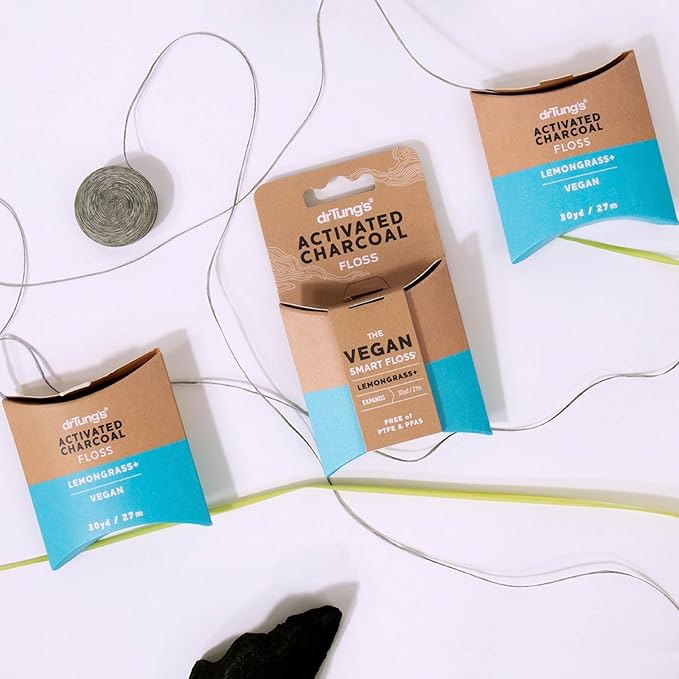 DrTung's Vegan Activated Charcoal Floss - Natural Dental Floss, Gentle on Gums, Expands & Stretches, BPA Free Floss - Lemongrass Flavor (Pack of 1)