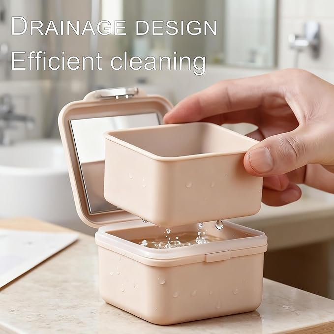 Denture Soaking Container Retainer Cleaner Case, Leak Proof Denture Bath Box with Strainer Basket, with Cleaning Brush Dentures Cup, with Mirror Waterproof Denture Holderfor Travel（beige）