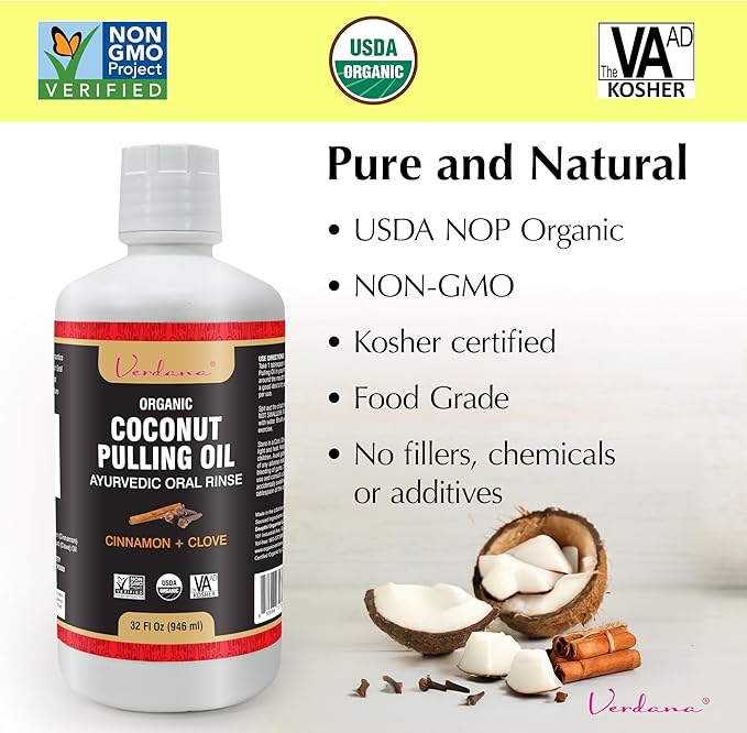 Verdana Organic Oil Pulling Mouthwash – 32 oz Cinnamon & Clove – USDA Organic Coconut Oil Rinse for Teeth & Gums – Alcohol-Free, Fluoride-Free Natural Mouthwash for Fresh Breath & Gum Health