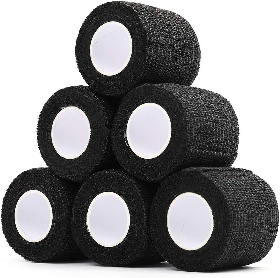 LotFancy Self Adhesive Bandage Wrap, 6 Pack, 2'' x 5 Yards Black Breathable Cohesive Tape, Elastic Medical Adherent Tape, Non Woven First Aid Tape for Ankle Sprains & Swelling