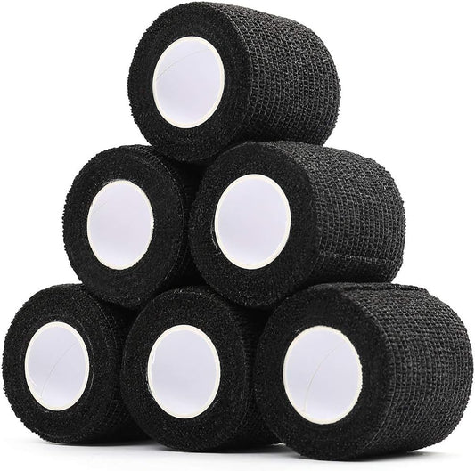 LotFancy Self Adhesive Bandage Wrap, 6 Pack, 2'' x 5 Yards Black Breathable Cohesive Tape, Elastic Medical Adherent Tape, Non Woven First Aid Tape for Ankle Sprains & Swelling