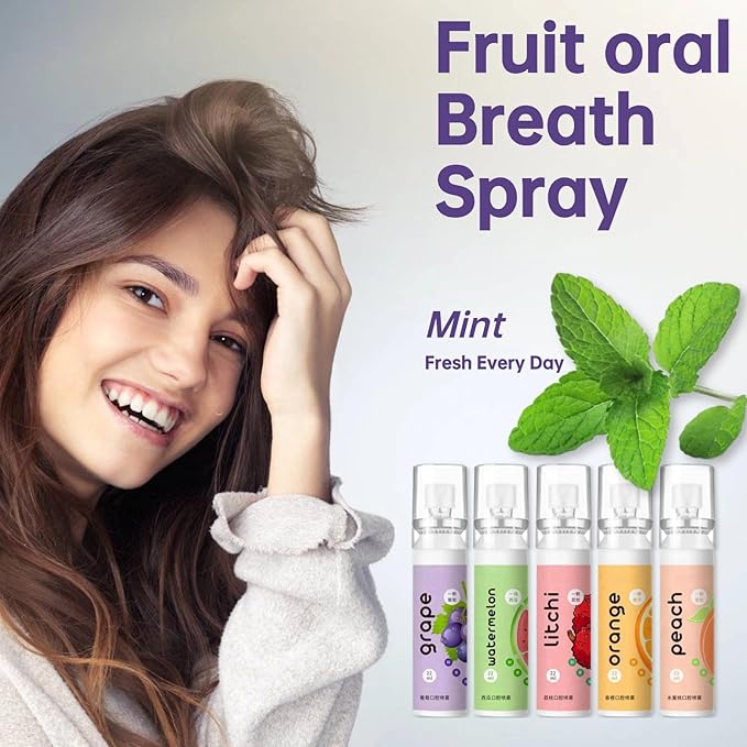 5PCS Fruit Oral Breath Spray, Natural Breath Freshener Spray, Portable Dry Mouth Spray for Bad Breath, Refreshing Cool Fresh Mint Oral Odor Care Spray Bad Breath Treatment for Adults