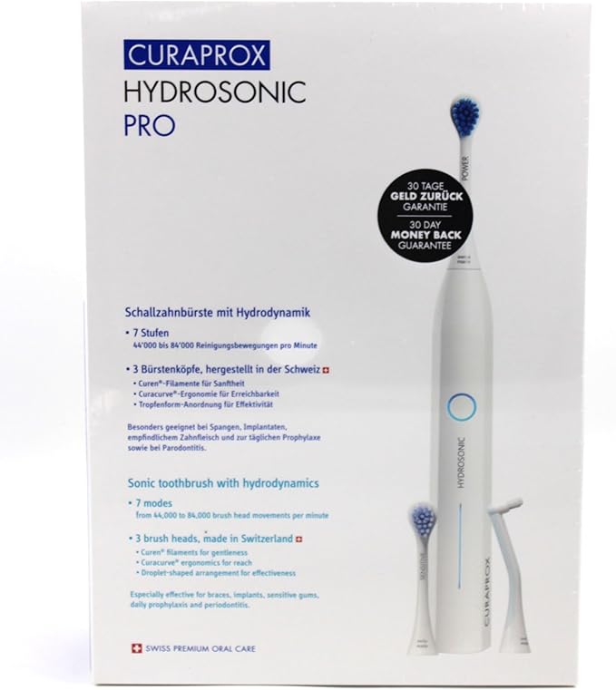 Curaprox Hydrosonic Pro Sonic Toothbrush – for Sensitive Teeth, Implants and Braces | Professional Cleaning at Home | Set with Three Brush Heads
