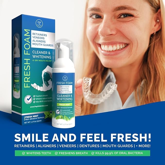 Aligner & Retainer Cleaner Foam – Dry Mouth Relief, Compatible with Invisalign, Aligners, Retainers, Mouth Guards, Night Guards, Veneers, Whitens, Freshens, 3% Hydrogen Peroxide, Mint - 50ml, 2 PC