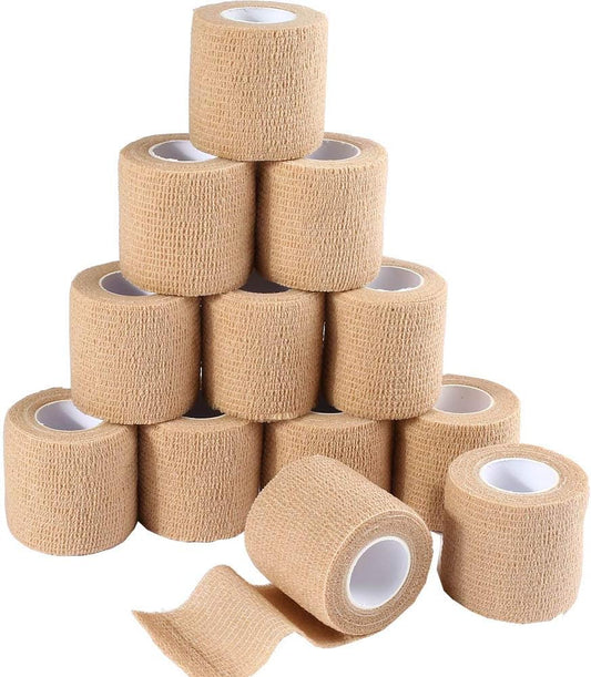 LotFancy Self Adhesive Bandage Wrap, 12 Pack, 2" x 5 Yards Non Woven Medical Tape, Latex Free, First Aid Tape for Athletic Wrist Ankle Sprains Swelling, Tan Color