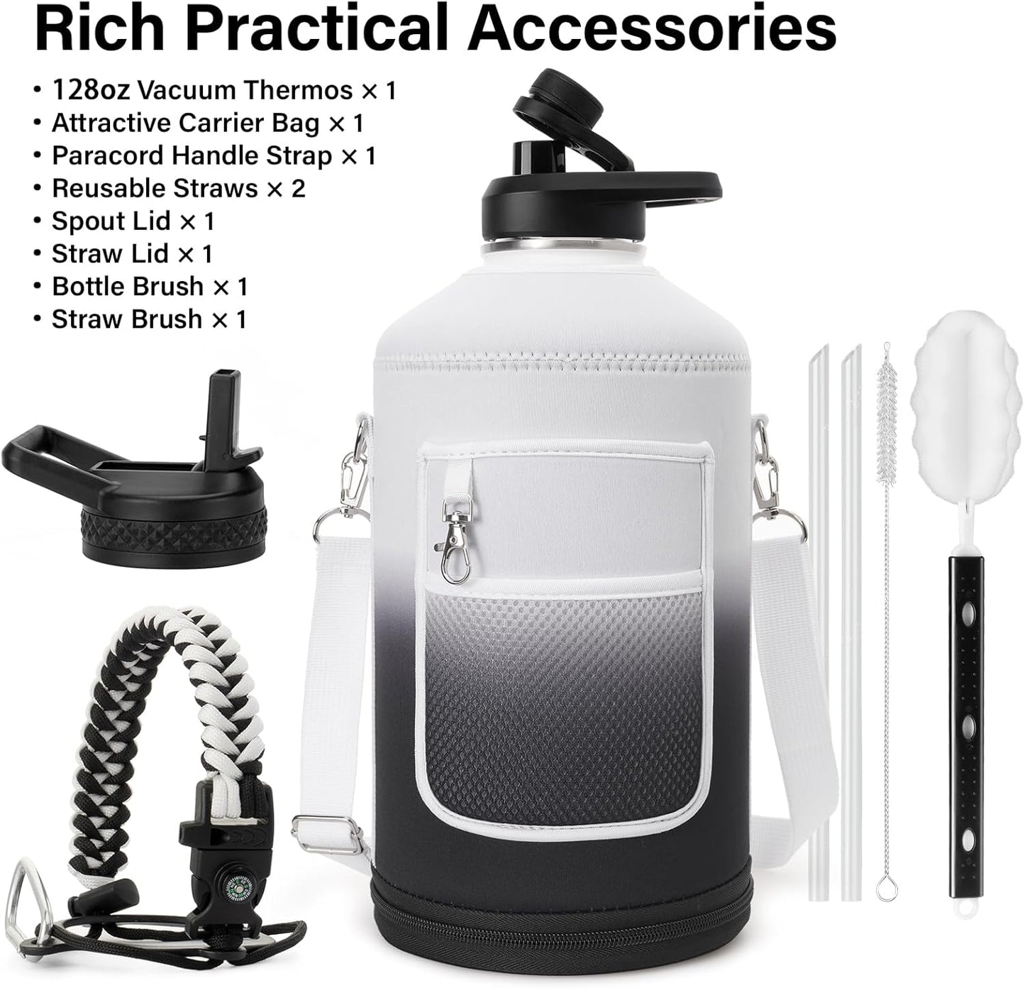 1 Gallon Water Bottle Insulated | Thickened Stainless Steel Vacuum Metal Water Jug | Portable Sports Large for Gym and Hiking with Straw, Carrier Bag, Handle Strap | BPA-Free 128 oz