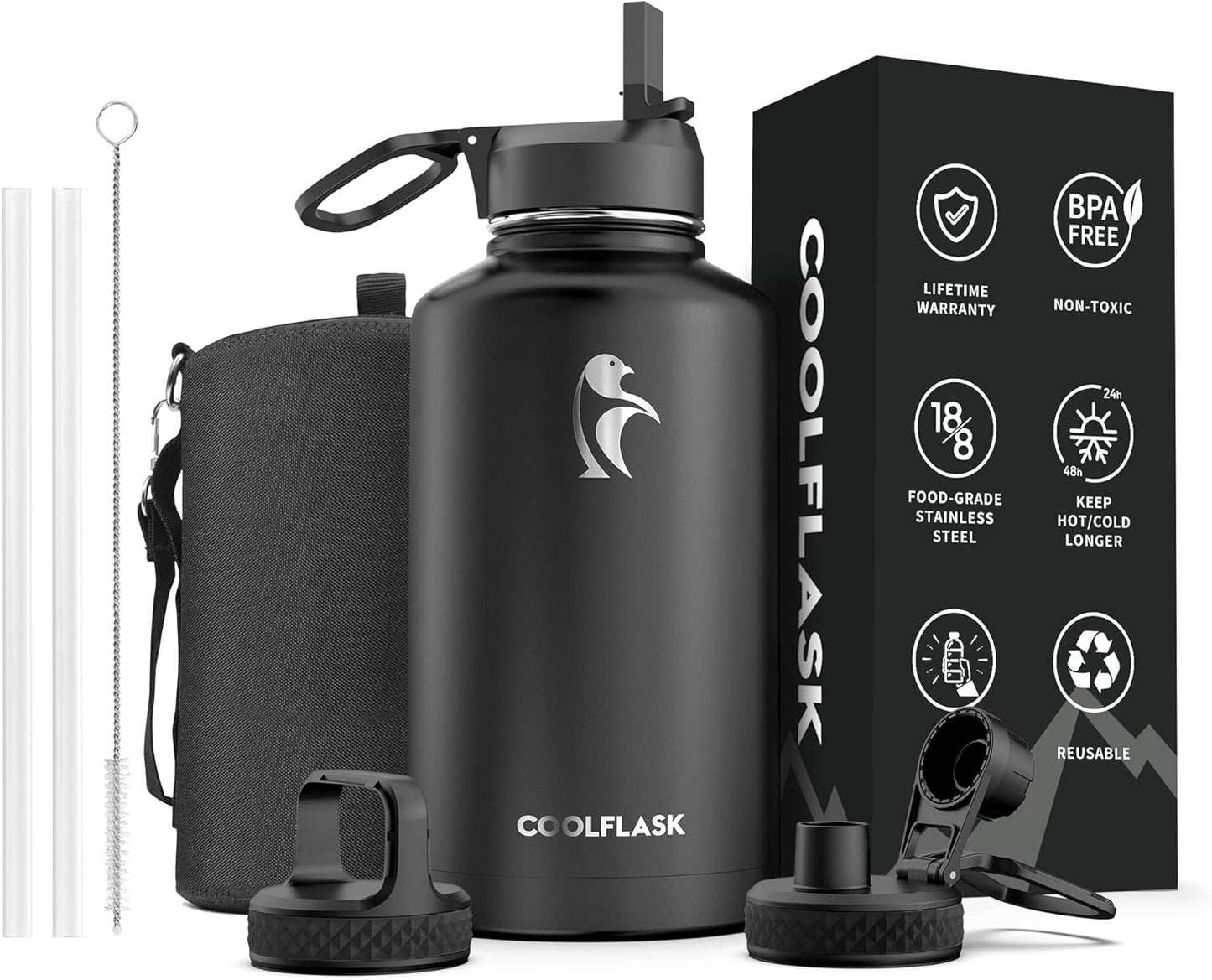 64 oz Water Bottle Insulated with Straw & 3 Lids, Coolflask Large Metal Stainless Steel Water Jug Big Half Gallon Wide Mouth for Sports, Gym or Office, Non-BPA Keep Cold 48H Hot 24H, Magic Black